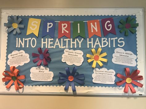 Spring School Counseling Bulletin Boards, School Counselor Bulletin Boards Spring, Health Related Bulletin Board Ideas, Medical Assistant Bulletin Board Ideas, Spring Counseling Bulletin Board, Spring School Nurse Bulletin Board Ideas, Spring Health Bulletin Boards, Ra Educational Bulletin Boards, Spring Nurse Bulletin Boards