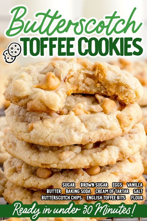 These divine butterscotch toffee cookies are so sweet and chewy, they’ll make you want to go back for seconds. They are packed with butterscotch chips and toffee pieces that give these cookies a sweet flavor that will keep your taste buds begging for more. Butterscotch Toffee Cookies, Best Amish Recipes, Butterscotch Toffee, Toffee Cookie Recipe, Butterscotch Chip Cookies, English Toffee Recipe, Butterscotch Recipes, Toffee Chips, Butterscotch Cookies