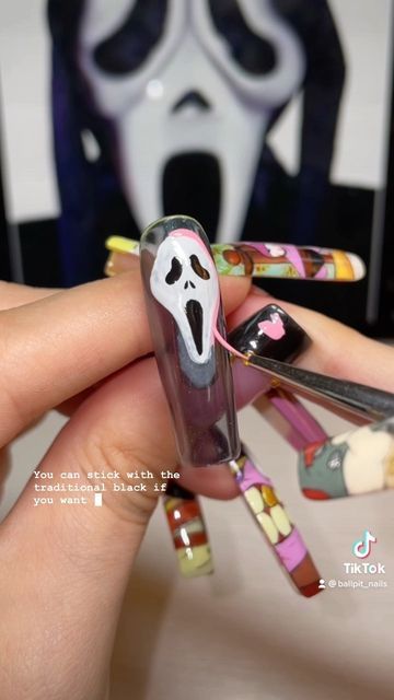 Scream Nails Step By Step, How To Draw Ghostface On Nails, Ghostface Nails Tutorial, Ghost Face Nail Tutorial, How To Do Ghost Nail Art, Paint Ghost, Ghost Face Nails, Halloween Watch, Liner Brush