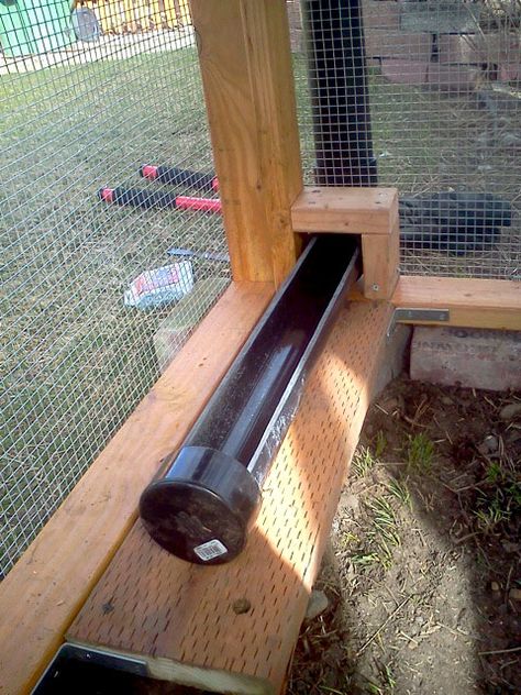 Feeding trough of the PVC gravity feeder on the Garden Coop. Automatic Feeder For Chickens, Chicken Feed Trough, Chicken Feeding System, Chicken Food Dispenser, Pvc Feeder, Diy Chicken Feeder, Pvc Chicken Feeder, Gravity Feeder, Chicken Feeder Diy