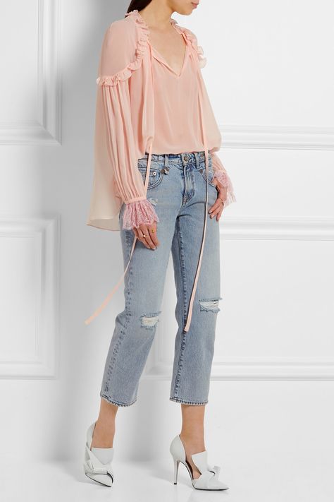 Georgette Tops For Jeans, Tops For Jeans, Pastel Blouse, Georgette Tops, Lace Cuffs, Monica Vinader, Jean Top, Crop Top Blouse, Pink Silk