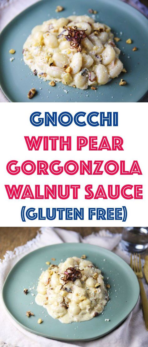 This Gnocchi with Pear Gorgonzola Walnut Sauce (Gluten Free) is so rich, creamy, and savory! Every bite is like a taste explosion in your mouth! Gluten Free Gnocchi Recipes, Gorgonzola Cream Sauce, Pear Gorgonzola, Gorgonzola Recipes, Gorgonzola Pasta, Gnocchi Dishes, Gorgonzola Sauce, Pear Sauce, Gluten Free Gnocchi