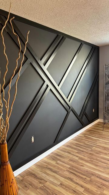 Accent Wall Millwork, Dining Rooms With Accent Walls, Mountain Slat Wall, Wood Trimmed Accent Wall, Slat Accent Wall Ideas, Black Accent Wall In Kitchen, Blue Board And Batten Wall Bedroom, Board Walls Ideas, Accent Wall With A Window