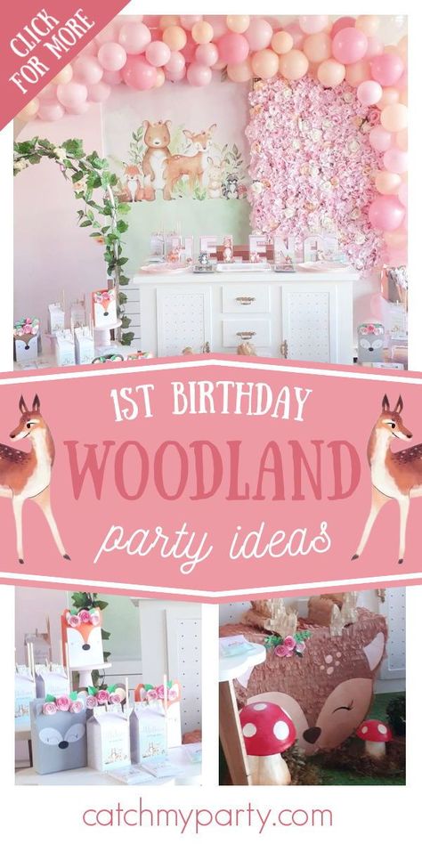 Take a look at this cute pink woodland 1st birthday party! The deer piñata is adorable! See more party ideas and share yours at CatchMyParty.com Pink Woodland Birthday Party, Deer Birthday Theme, Deer First Birthday Girl, Woodland 1st Birthday Girl, One Deer Ful Birthday Girl, Flopsy Bunny 1st Birthday, Deer Themed Birthday Party, Bunny 1st Birthday Party, Woodland 1st Birthday Party