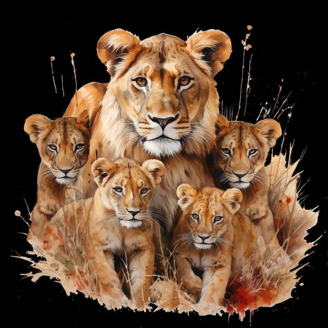 Lioness and four cubs #lionesses #lionlove #lioncubs #sublimationprint #clipart #wildlifelover #wildlifesafari #artjournalpage #greetingcarddesign #illustrationdigital Lioness Images, Lioness And Cub Tattoo, Lion Cub Tattoo, Lioness Quotes, Lioness And Cubs, Cubs Tattoo, Lion Couple, Lion Family, Lion Artwork