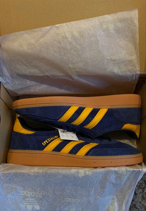 Samba Navy Blue, Blue And Yellow Sambas, Adidas Spezial Blue, Dark Blue Spezial Adidas, Blue And Yellow Gazelle, Yellow Adidas, Dr Shoes, Adidas Spezial, Retro Sneakers