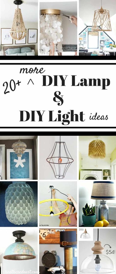 20+ MORE DIY lampshade, DIY light and DIY lamp ideas! | The Heathered Nest Diy Lamp Ideas, Diy Light Shade, Homemade Lamps, Lampshade Diy, Diy Lampshade, Diy Lamps, Wooden Lampshade, Lampshade Makeover, Diy Light Fixtures