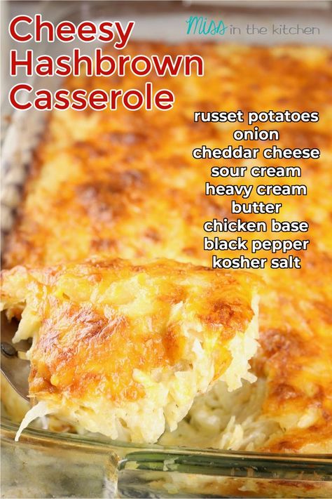 Hashbrown casserole in a clear baking dish. Cheesy Hashbrown Casserole Easy, Hash Brown Potato Casserole, Hashbrown Casserole Easy, Cheesy Hashbrown, Homemade Hashbrowns, Hashbrown Casserole Recipe, Cheesy Potatoes Recipe, Cheesy Hashbrown Casserole, Homemade Garlic Butter