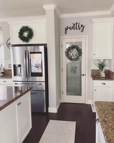 Fridge Next To Pantry Door, Tuscan Pantry Door Ideas, Kitchen Pantry Glass Doors, Pantry Room Door Ideas, Pantry Frosted Glass Door, Frosted Pantry Door Ideas, Pantry Door With Frosted Glass Panel, Pantry Door Frosted Window, Decor Above Pantry Door