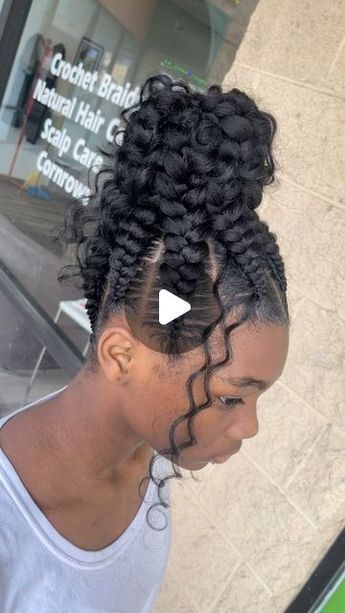 Cornrow Braid Updo Styles, Butterfly Updo Hairstyle, Cornrows And Ponytail Hairstyles, Natural Braid Updo For Black Women, Stitch Braids Updo Hairstyles, Updos Braids For Black Women, Goddess Braid Styles Updo, Goddess Butterfly Braids, Braided Bun With Curly Pieces