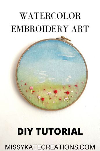 Bird Hand Embroidery Designs, Watercolour Embroidery Hoop, How To Watercolor Embroidery, Water Color Embroidery Design, Watercolor On Embroidery, Watercolor With Embroidery, Embroidery With Watercolor, Watercolor Fabric Painting, Watercolor Embroidery Tutorial