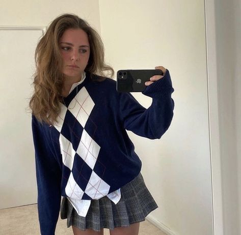 argyle print sweaters cardigans brandy skirt skater skirt plaid skirt outfit inspo outfit inspiration outfits fits Skirt And Cardigan Outfit, Skirt And Cardigan, Outfit Elegantes, Tennis Skirt Outfit, Cardigan Outfit, Skater Girl Outfits, Argyle Sweater, Indie Outfits, Plaid Skirt