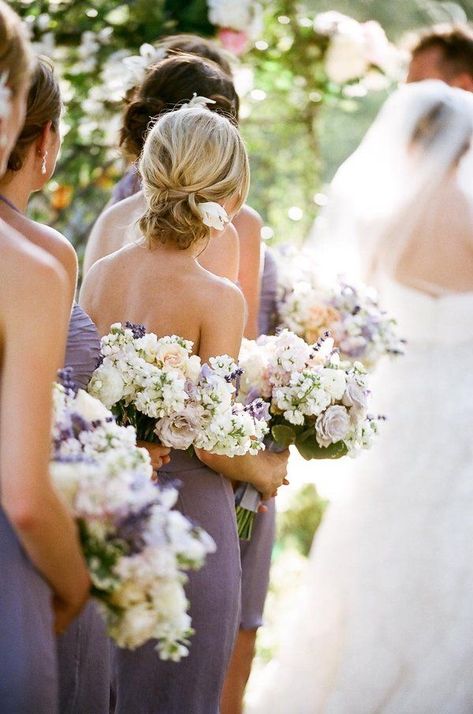 Love the lavender colored bridesmaids dresses! lavender and grey- beautiful for early spring #bridesmaidsdresses #lavenderbridesmaidsdress Lilac Bridesmaid, White Bouquets, Lavender Bridesmaid, White Bridesmaid, Lilac Wedding, White Bridesmaid Dresses, Military Wedding, Soft Lavender, Gray Dresses