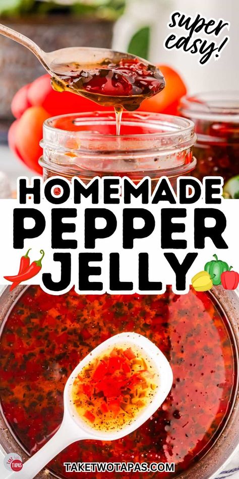 Hot Pepper Jelly (No Canning Needed!) Pepper Jelly Recipe Without Canning, How To Make Pepper Jelly, Homemade Hot Pepper Jelly, No Pectin Pepper Jelly, Pepper Jelly Recipe Canning, Strawberry Pepper Jelly Recipe, Cherry Pepper Jelly, Pepper Jelly No Pectin, Strawberry Pepper Jelly