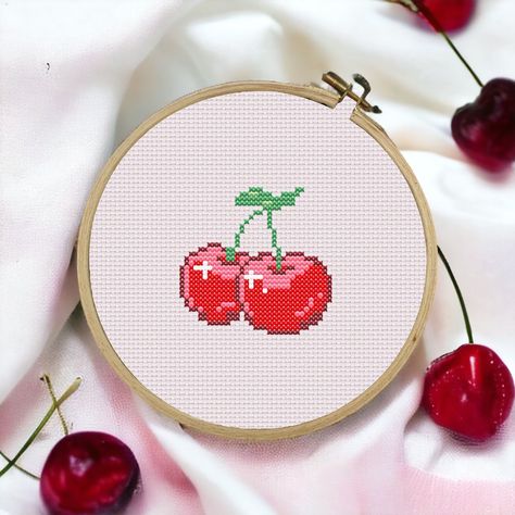 Cherry Pixel Art, Pixel Art Ideas Simple, Aesthetic Cross Stitch, Pixel Art Fruit, Cherry Cross Stitch, Pixel Art Mini, Hobbies Aesthetic, Floss Crafts, Fruit Cross Stitch