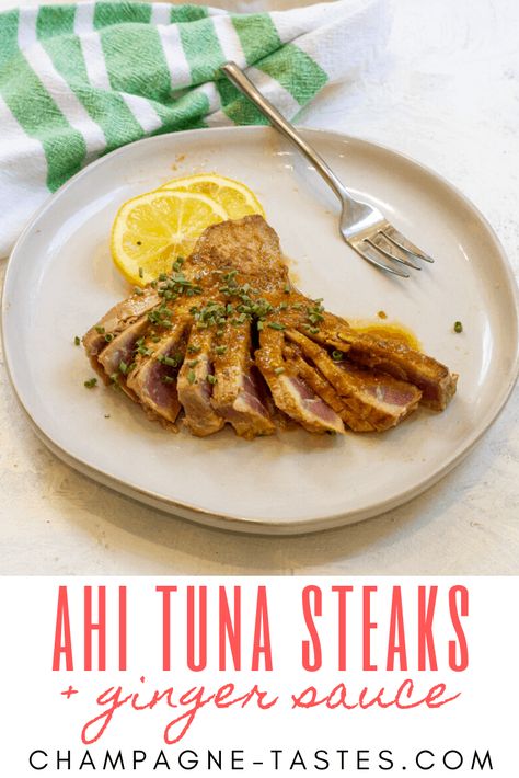 These easy seared ahi tuna steaks are seasoned with sesame seeds and a ginger soy sauce marinade. This extra-quick main course is ready in 20 minutes! Ahi Tuna Marinade, Tuna Marinade, Ahi Tuna Steaks, Soy Sauce Marinade, Seared Ahi Tuna, Ahi Tuna Steak, Tuna Steak Recipes, Tuna Steak, Seared Ahi