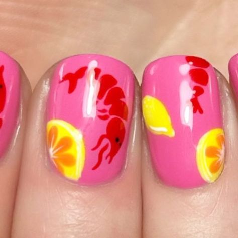 Crawfish Nail Art, Lobster Nails Designs, Shrimp Nail Art, Crab Nail Art, Lobster Nail Art, Manly Nails, Picnic Nail Art, Crab Nails, Shrimp Nails