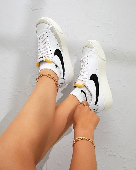 schuh on Instagram: "Platform sneaks, always 🤍 Shop the Blazer Platform Low and more Nike styles online and in store now! ID: An image of a person's legs in the air, wearing white Nike socks and trainers." Legs In The Air, White Nike Socks, Nike Socks, Nike Trainers, Nike Fashion, White Nike, Nike Blazer, In Store, Socks