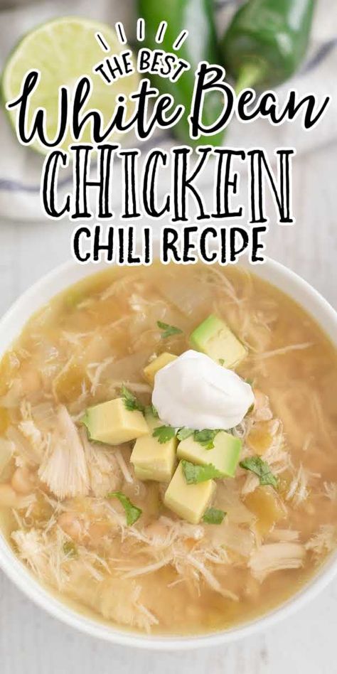 This easy, spicy, homemade white bean chicken chili is the best when you're craving a simple Mexican meal. For this quick and hearty soup, onion, garlic, jalapeno, chilies, shredded chicken, white beans, chicken broth, and seasonings simmer together to produce an authentic, tasty meal in less than half an hour. Easy White Bean Chicken Chili, White Bean Chicken Chili Recipe, Chicken Chili Recipe Easy, White Bean Chili Recipe, White Bean Chicken Chili, Hearty Soup Recipes, White Bean Chili, Amazing Chicken, Chili Ingredients