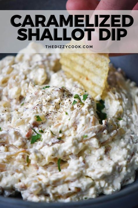 Caramelized Shallot Dip Shallot Dip, Super Bowl Dips, Caramelized Onion Dip, Gourmet Appetizers, Caramelized Shallots, Tasty Snacks, Cottage Cheese Recipes, Onion Dip, Great Appetizers