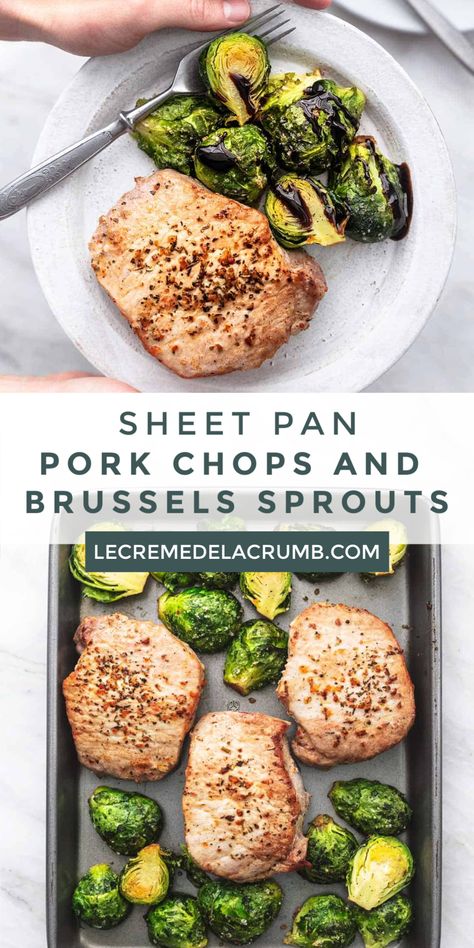 Pork Chop Brussel Sprouts Sheet Pan, Sheet Pan Pork Chops And Brussel Sprouts, Pork Chops Brussel Sprouts, Boneless Pork Chops And Brussel Sprouts, Pork Chops And Brussel Sprouts Recipe, Pork Chops With Brussel Sprouts, Pork And Brussel Sprout Recipes, Clean Eating Pork Recipes, Pork And Brussel Sprouts