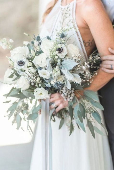 Eucalyptus, anemone and lamb's ear wedding bouquet. #naturalbouquet #romanticwedding #weddingthemes Lambs Ear Wedding, Spring Wedding Flowers Bouquet, Pretty Wedding Bouquet, Natural Bouquet, Spring Wedding Bouquets, Spring Wedding Bouquet, Summer Wedding Bouquets, Blue Wedding Flowers, Boho Wedding Inspiration