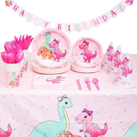 PRICES MAY VARY. Serves 24: The set includes 2 plastic table covers and 1 birthday banner; contains 24 of each of the following: cone hats, plastic knives, spoons, forks, dinner plates, dessert plates, napkins, and cups; 195 total pieces Dinosaur Birthday Party Supplies Girl: Our tablecloths, napkins, cups, and hats feature pink baby dinosaurs with pink bows; ideal for creating a celebratory atmosphere for your kid's birthday party Protect Your Surfaces: Keep your tables stain-free from spilled Girl Dinosaur Birthday Party, Dinosaur Party Plates, Pink Dinosaur Party, Baby Dinosaur Party, Girl Dinosaur Birthday, Dinosaur Party Decorations, Dinosaur Party Supplies, Dinosaur Themed Birthday Party, 1st Birthday Banners