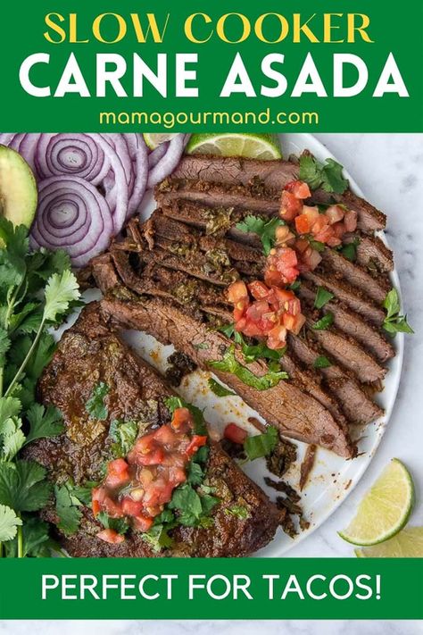 Carne Asada Slow Cooker, Steak In The Crockpot, Flank Steak Crock Pot, Slow Cooker Carne Asada, Mamagourmand Recipes, Crockpot Steak Recipes, Gf Dinners, Carne Asada Recipe, Mexican Dinners