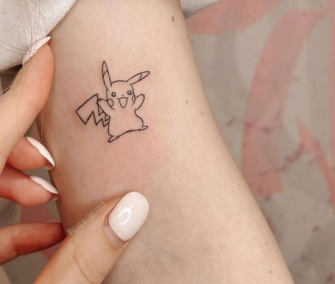 Tattoo Ideas Relationships, Pokemon Minimalist Tattoo, Pikachu Tattoo Design, Charmander Tattoo, Pokemon Tattoos, Pokemon World, Pikachu Tattoo, Her Tattoo, One Tattoo