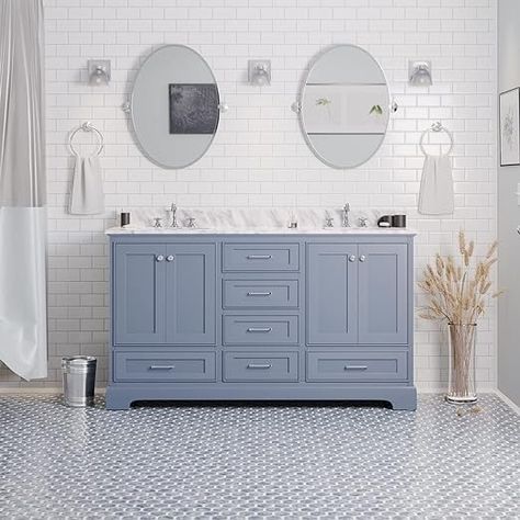 Amazon.com: Kitchen Bath Collection Harper 60-inch Double Bathroom Vanity (Carrara/Powder Blue): Includes Powder Blue Cabinet with Authentic Italian Carrara Marble Countertop and White Ceramic Sinks : Everything Else 60 Inch Double Vanity, Carrara Marble Countertop, Ceramic Sinks, Blue Cabinets, Green Cabinets, Double Bathroom, Double Bathroom Vanity, Grey Cabinets, Bathroom Vanity Set