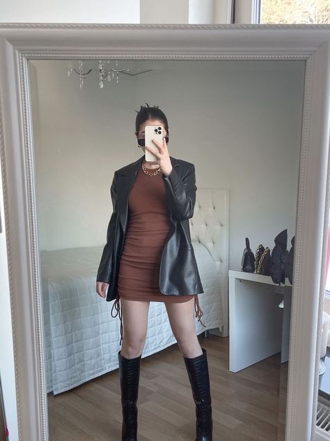 Brown Dress Leather Jacket, Leather Jacket On Dress, Dress With Leather Jacket And Boots, Dress Leather Jacket Boots, Formal Dress With Leather Jacket, Brown Dress Outfit Aesthetic, Brown Dress With Black Boots, Black Leather Jacket With Dress, Brown Dress Black Boots