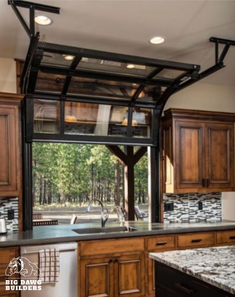 A roll up window in the kitchen would be great for easy access to the outdoor patio for hosting or to simply enjoy the mountain air. Outdoor Bar And Grill, Bar En Plein Air, Outdoor Bar Ideas, Barndominium Interior, Window Bars, Bar Shed, Pacific Homes, Indoor Outdoor Kitchen, Outdoor Kitchen Bars