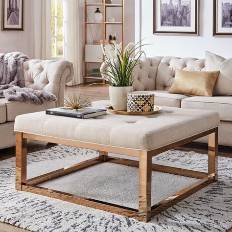 Weston Home Libby Dimpled Tufted Cushion Ottoman Coffee Table with Champagne Gold Straight Base, Multiple Colors Couch With Non Matching Ottoman, Living Room Ottoman Ideas, Fabric Ottoman Coffee Table, Tufted Ottoman Coffee Table, Fabric Coffee Table, Cushion Ottoman, Round Coffee Table Modern, Ottoman Coffee, Tufted Ottoman