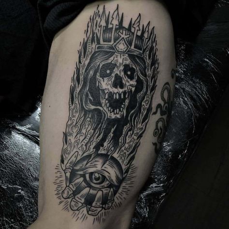 The Lich Tattoos, The Lich Adventure Time Tattoo, The Lich Tattoo, Dragons Tattoos, Dnd Tattoo, Tattoos 2023, Wizard Tattoo, Adventure Time Tattoo, Monster Tattoo