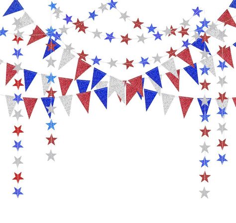 PRICES MAY VARY. 👍This Value Package Includes –2 strings of 13 feet glitter paper star garlands, total length is 26 feet, star size is 2.75 inch; 2 strings of 10 feet triangle bunting banners ( flag size is 3.3 inch *5.5 inch), 20 feet /52 flags 👍 4th of July Theme Décor – This gorgeous Star and triangle bunting banner kit is made by double sided glitter cardstock, Solid Multicolored Blue Red and Silver combo will surely brighten up your themed party, especially perfect for your Fourth of July White Party Decorations, Triangle Banner, Star Banner, Glitter Banner, Blue Banner, Pennant Banner, Star Garland, Patriotic Party, Red Blue White