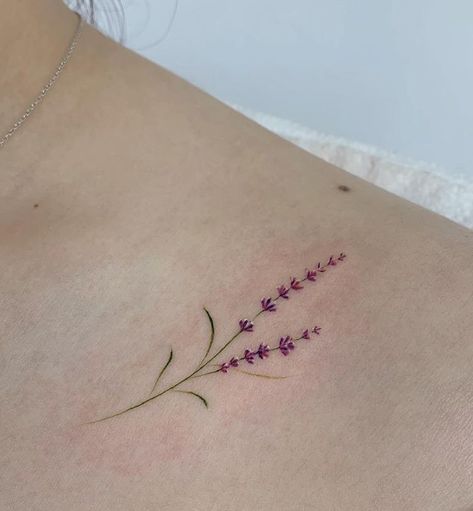 Lavender Sprigs Tattoo, Lavender Tattoos, Tiny Flower Tattoos, Small Chest Tattoos, Flower Tattoo Ideas, Garden Tattoos, Colour Flowers, Lavender Tattoo, Flower Tattoo Back