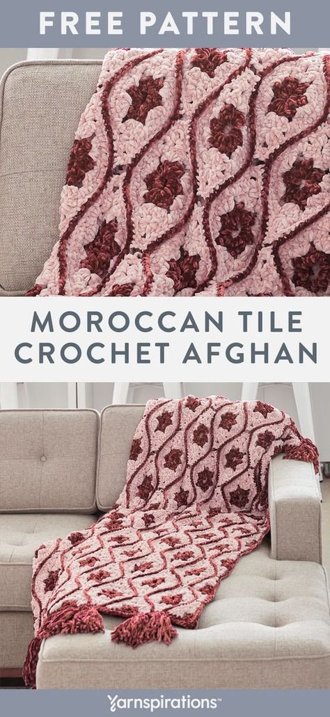 Free Crochet Pattern | Bernat Velvet Moroccan Tile Crochet Afghan | #Yarnspirations #FreeCrochetPattern #CrochetBlanket #Bernat #BernatVelvet #Caron #Patons #LilySugarNCream Moroccan Tile Crochet, Free Crochet Blanket Patterns, Bernat Velvet, Afghan Crochet Pattern, Crochet Bloggers, Easy Knitting Patterns Free, Crochet Crowd, Crochet Afghan Patterns Free, Crochet Blanket Afghan