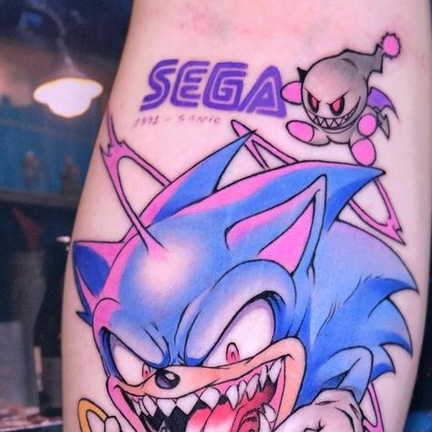 Brando Chiesa on Instagram: "the most corrupted SoniC🩵 Console : Sega mega drive 1988 Game : sonic the hedgehog 1991 . #animetattoo #tattoo #sonic #retrogamelovers #retrogames . Done at : @pachamama_tattoo_florence Powered by @barber_dts ✖️ @fkirons" Video Game Tattoo Ideas, Game Tattoo Ideas, Sonic Tattoo, Gengar Tattoo, Hedgehog Tattoo, Gameboy Pokemon, Game Tattoo, Nerd Tattoo, Video Game Tattoo