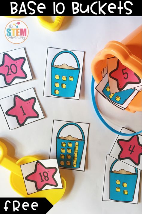 FREE Beach Bucket Number Match! A fun way to work on base counting and identifying base ten numbers with kindergarten and preschool kids this summer or during a beach theme week! #TheStemLaboratory #mathfreebies #countingfreebies #kindergartenfreebies Chair Crafts, Beach Theme Preschool, Ocean Theme Preschool, Beach Themed Crafts, Kindergarten Freebies, Beach Week, Summer Math, Summer Preschool, Beach Games