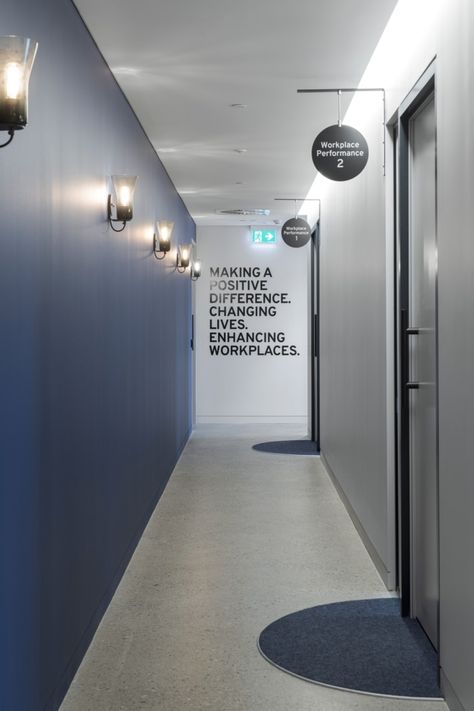 Office Hallway Design Corporate, Branding Office Design, Future Wall Design, Office Interior Design Blue, Office Hallway Design, Blue Office Design, Office Blue, Acoustic Ceiling Panels, Clinic Interior Design