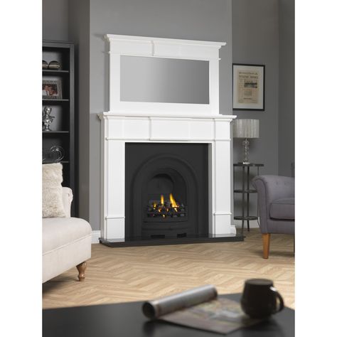 The Harrogate mantel is a fire surround that will suit a fireplace with a standard marble set or a casting with a marble hearth. The surround is made from premium meditate board finished in a standout Brilliant White colour, giving flexibility when matching existing furniture. The Harrogate is traditional mantel with a modern feeling, this is evident with the embossed centre feature on the fascia. The legs have a similar embossed theme giving the surround a unique personality. Hand made in the U White Wooden Fireplace Surround, Modern Traditional Fireplace, White Fire Surround, Traditional Mantel, Georgian Fireplace, Traditional Fireplace Mantel, Wooden Mantelpiece, Wooden Fireplace Surround, Wood Fireplace Surrounds