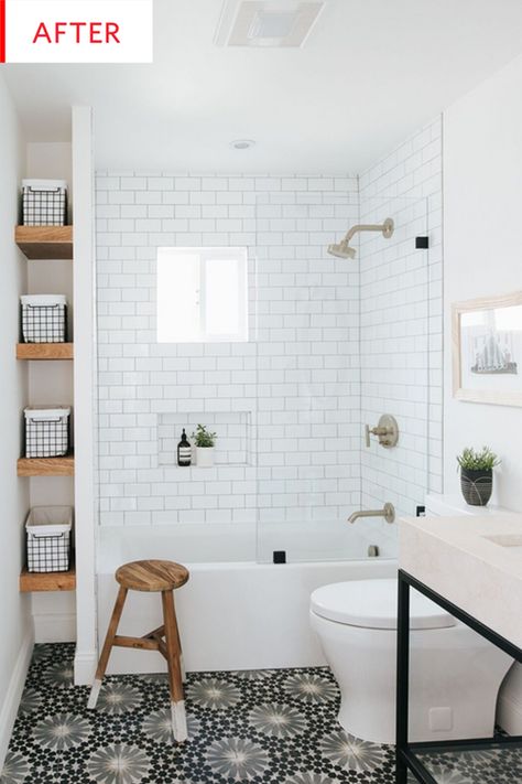 Before & After - A Builder Grade Bathroom Goes From Boring to Wow | Apartment Therapy Makeover Kamar Mandi, Beautiful Small Bathrooms, All White Bathroom, Mold In Bathroom, Small Bathtub, Small Bathroom Makeover, Basement Bathroom, Upstairs Bathrooms, Trendy Bathroom