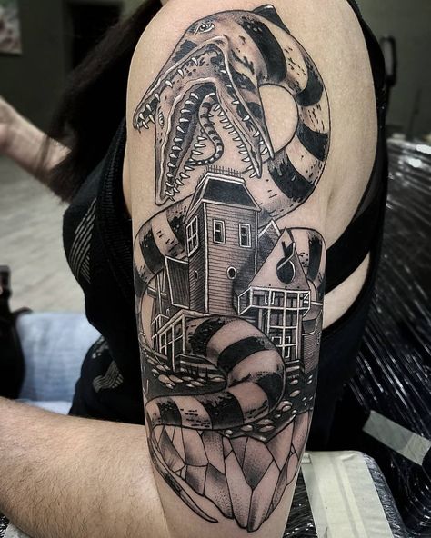 Really fun Beetlejuice Sandworm I got to do today for @oh_jessicaca jessicaca here at @studio.thirteen.orlando • The @allegoryink Beetlejuice Tattoo, Unique Half Sleeve Tattoos, Tim Burton Tattoo, Half Sleeve Tattoos, Scary Tattoos, Fire Tattoo, Spooky Tattoos, Gothic Tattoo, Tattoo Style Drawings