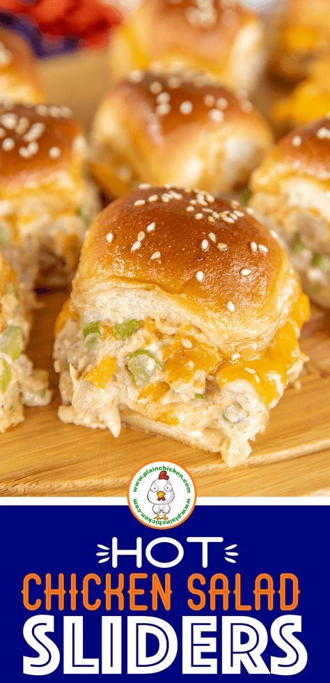 Hot Chicken Salad Sliders - my favorite chicken salad recipe and cheese sandwiched in Hawaiian rolls and topped with a sweet & savory glaze. Have mercy! Chicken, celery, Worcestershire sauce, mayonnaise, salt, pepper, Hawaiian rolls, butter, brown sugar, dijon mustard, and sesame seeds. Can assemble ahead of time and refrigerate until ready to bake. These easy baked chicken salad sandwiches that are great for parties, brunch, lunch, and dinner! #chickensalad #sandwich #sliders Chicken Salad Sliders, Hot Chicken Salad, Sliders Recipes Hawaiian Rolls, Chicken Celery, Hot Salad, Hot Chicken Salads, Football Friday, Homemade Chicken Salads, Chicken Salad Sandwich Recipe