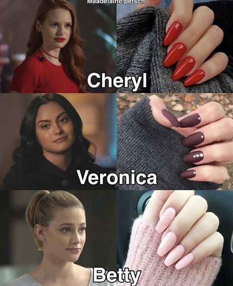 Cheryl Blossom Nails, Riverdale Nails, Riverdale Makeup, Petite Nails, Veronica Lodge Aesthetic, Veronica Lodge Riverdale, Sunshine Nails, Spooky Nail, Princess Nails