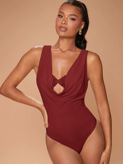 Cowl Plunge Neck Peekaboo Lace Bust Detail Bodysuit Burgundy Casual  Sleeveless Knitted Fabric Plain Tank Medium Stretch  Women Clothing, size features are:Bust: ,Length: ,Sleeve Length: