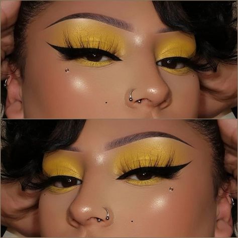 Melanin Makeup, Yellow Eye Makeup, Plouise Makeup, Yellow Makeup, Yellow Eyeshadow, Plouise Makeup Academy, Retro Makeup, Makeup Academy, Dope Makeup