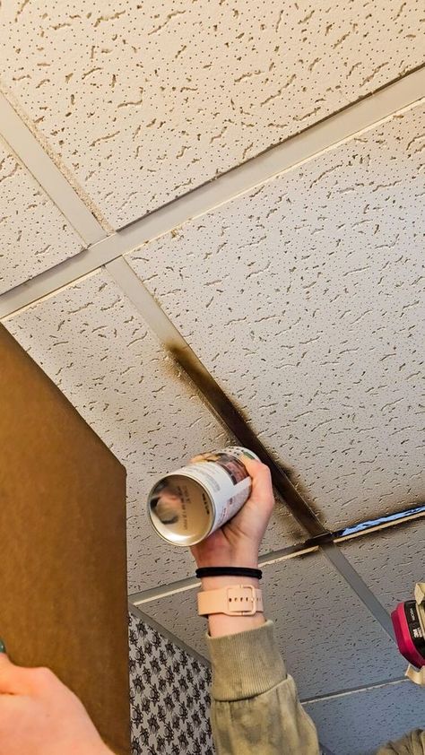 Replacing Drop Down Ceiling Tiles - Cedar Hill Builder Panel Ceiling Makeover, Rustic Ceiling Tiles, How To Change Drop Ceilings, Basement With Painted Ceiling, Basement Ceiling Makeover, Basement Tile Ceiling, Old Ceiling Design, Bedroom With Drop Ceiling, Covering Ceiling Tiles