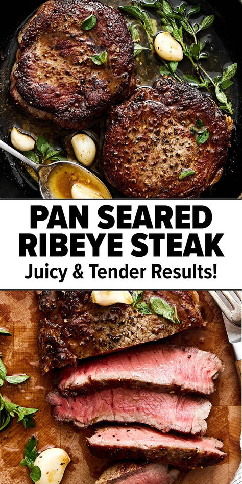 Pan seared ribeye steak recipe. Pan Seared Ribeye Steak, Seared Ribeye Steak, Pan Seared Ribeye, Steak Butter Recipe, Ruth Chris Steak, Rib Eye Recipes, Ways To Cook Steak, Cooking Ribeye Steak, Compound Butter Recipe