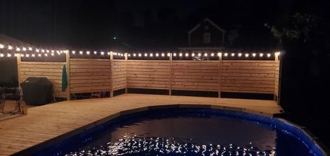 Above Ground Pool Privacy, Privacy For Above Ground Pool, Above Ground Pool Deck Lighting Ideas, Privacy Pool Deck, Pool Deck Privacy Wall, Above Ground Pool Deck With Privacy Wall, Above Ground Pool Privacy Fence, Above Ground Pool Deck Rectangle, Above Ground Pool Siding Ideas